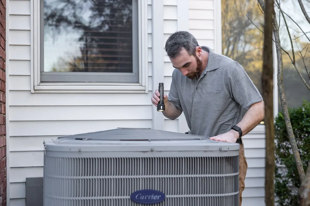 HVAC technician inspecting an outdoor heat pump unit during a residential repair service call