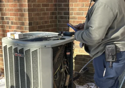 Technician servicing outdoor heat pump unit during winter with snow on ground