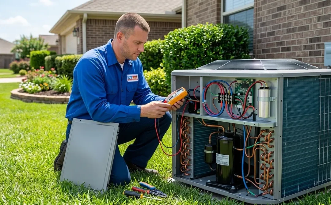 HVAC technician using multimeter to diagnose outdoor AC condenser unit during maintenance service