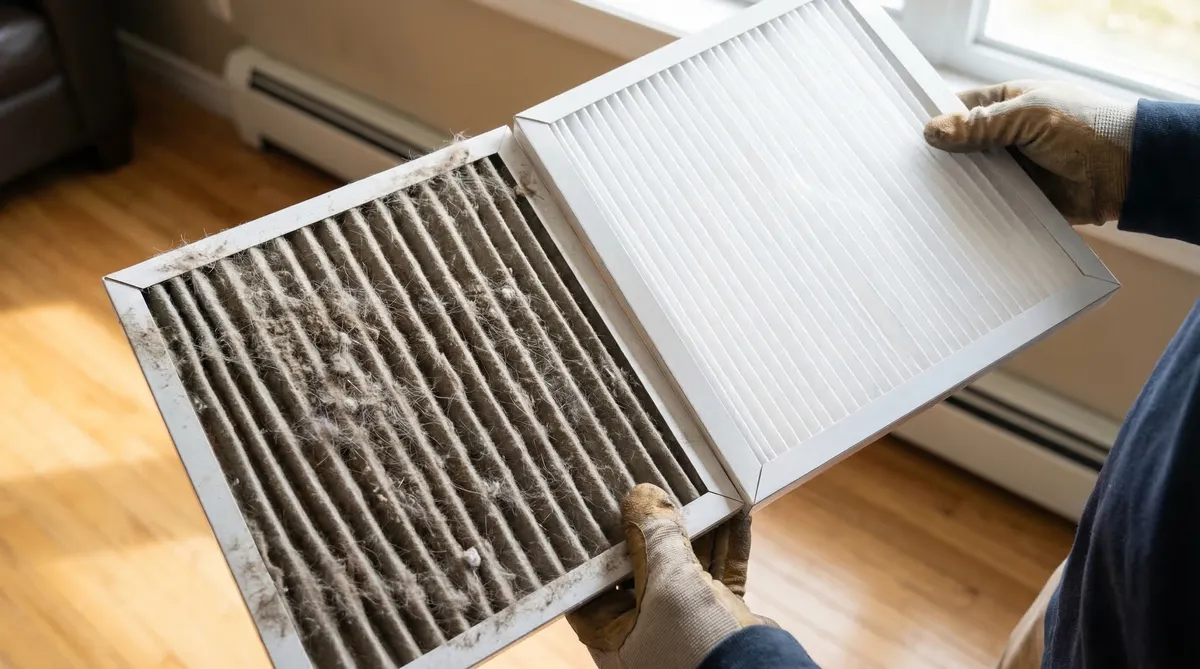 Comparison of a heavily clogged dirty HVAC air filter next to a clean white replacement filter
