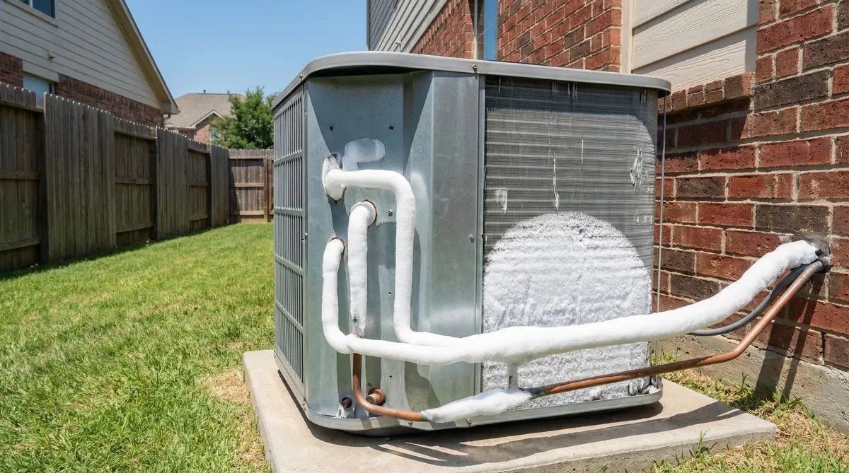 Residential outdoor AC unit showing ice and frost buildup on refrigerant lines and coils, indicating a frozen evaporator coil issue