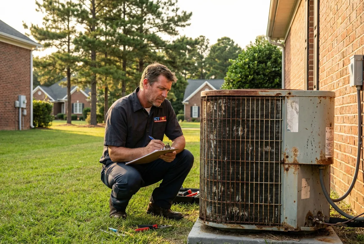 Icy Hot HVAC technician inspecting an aging outdoor AC condenser unit to evaluate repair versus replacement in Raleigh NC