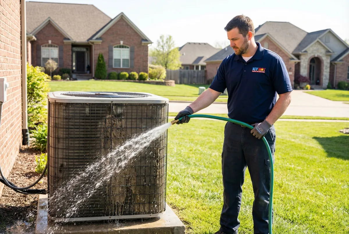 Icy Hot HVAC technician cleaning AC condenser coils with a garden hose during spring maintenance