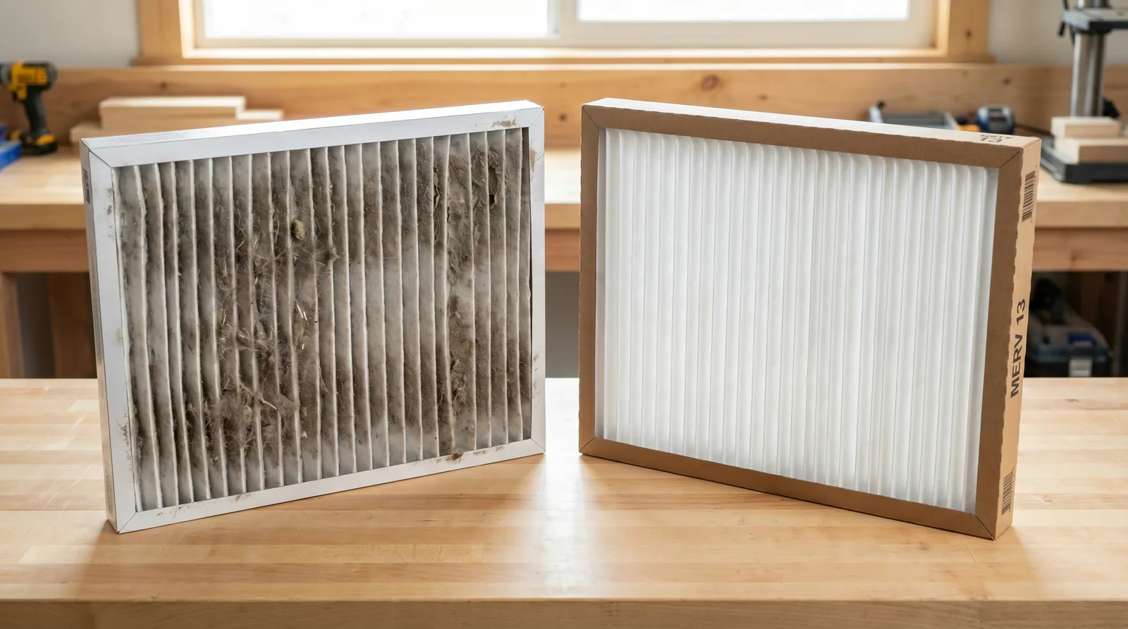 Side-by-side comparison of a dirty clogged HVAC air filter and a brand new clean MERV 13 pleated air filter on a workshop bench