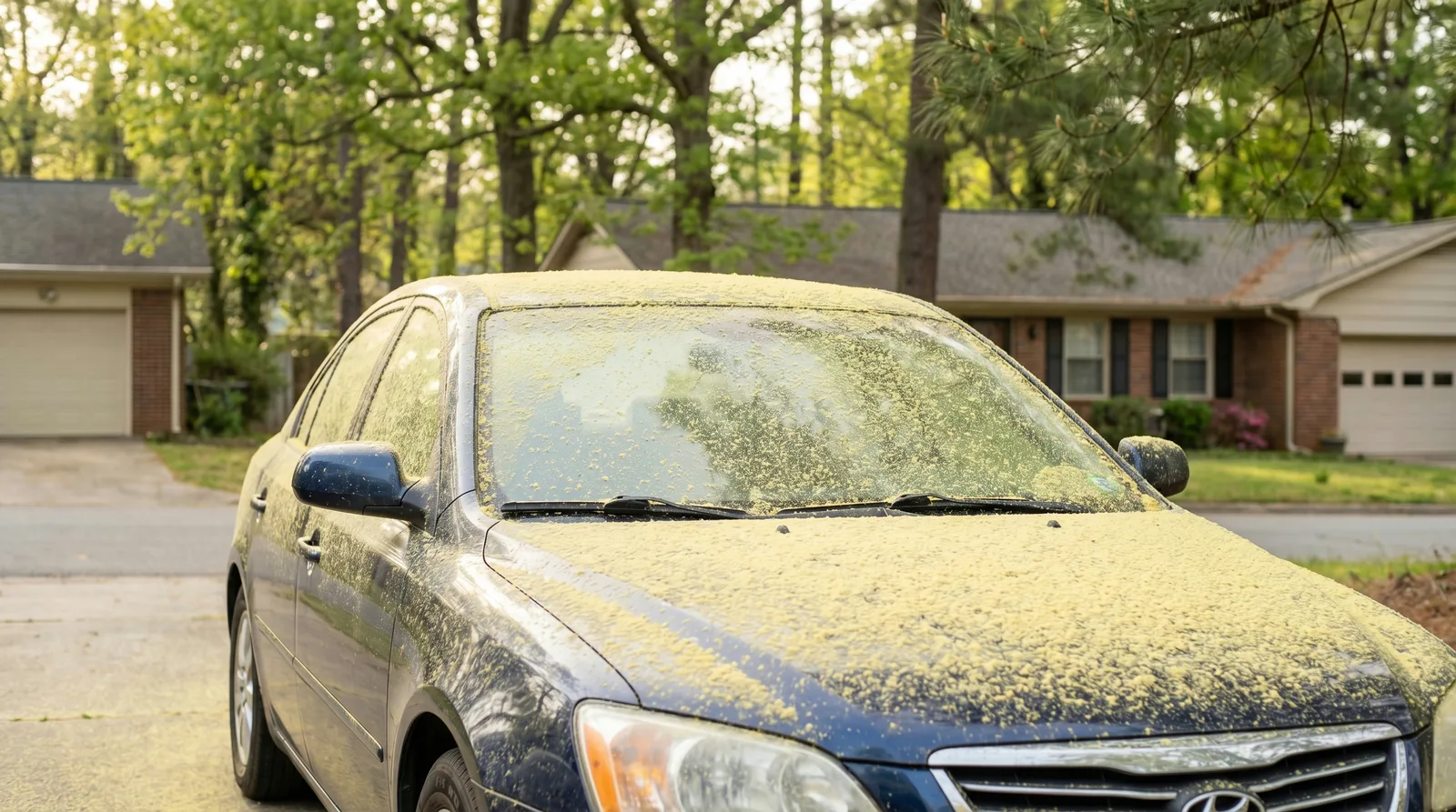 Dark sedan in a Raleigh, NC suburban driveway covered in a thick layer of yellow pine pollen during spring allergy season