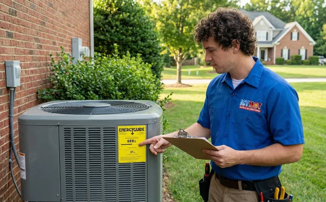 HVAC technician inspecting the EnergyGuide SEER2 rating label on an outdoor AC condenser at a Raleigh NC home