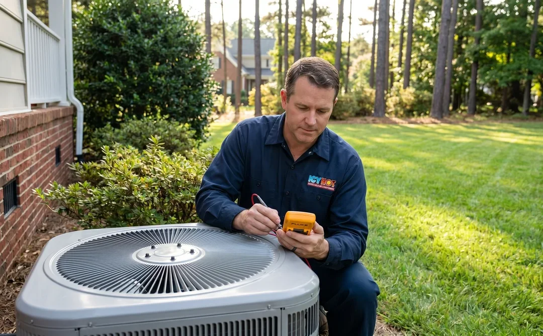 Icy Hot HVAC technician inspecting outdoor AC condenser with digital multimeter at a Raleigh NC home
