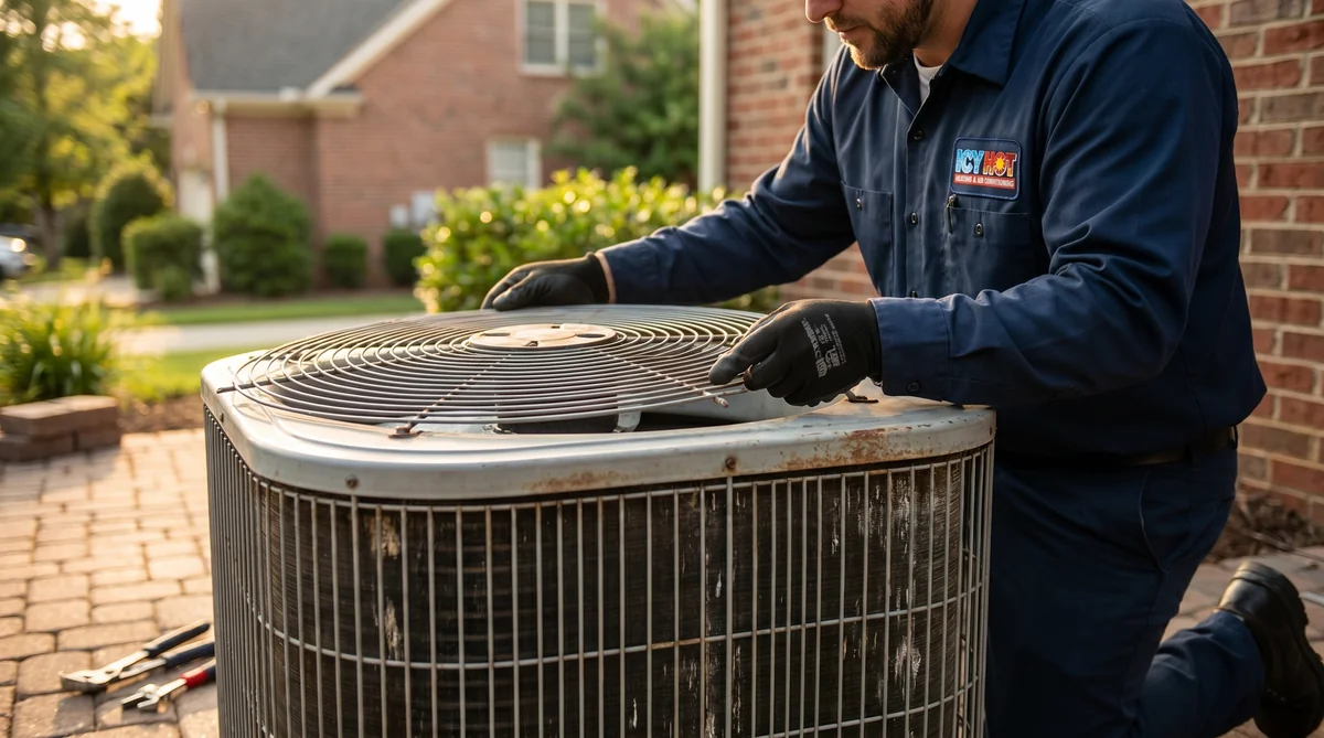 Icy Hot HVAC technician removing AC condenser top grille cover at a Raleigh NC home for two-stage maintenance