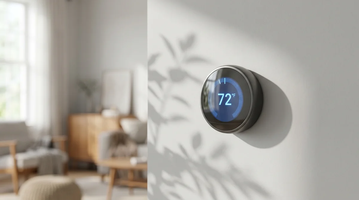 Smart thermostat displaying 72 degrees F controlling a two-stage AC system in a Raleigh NC home