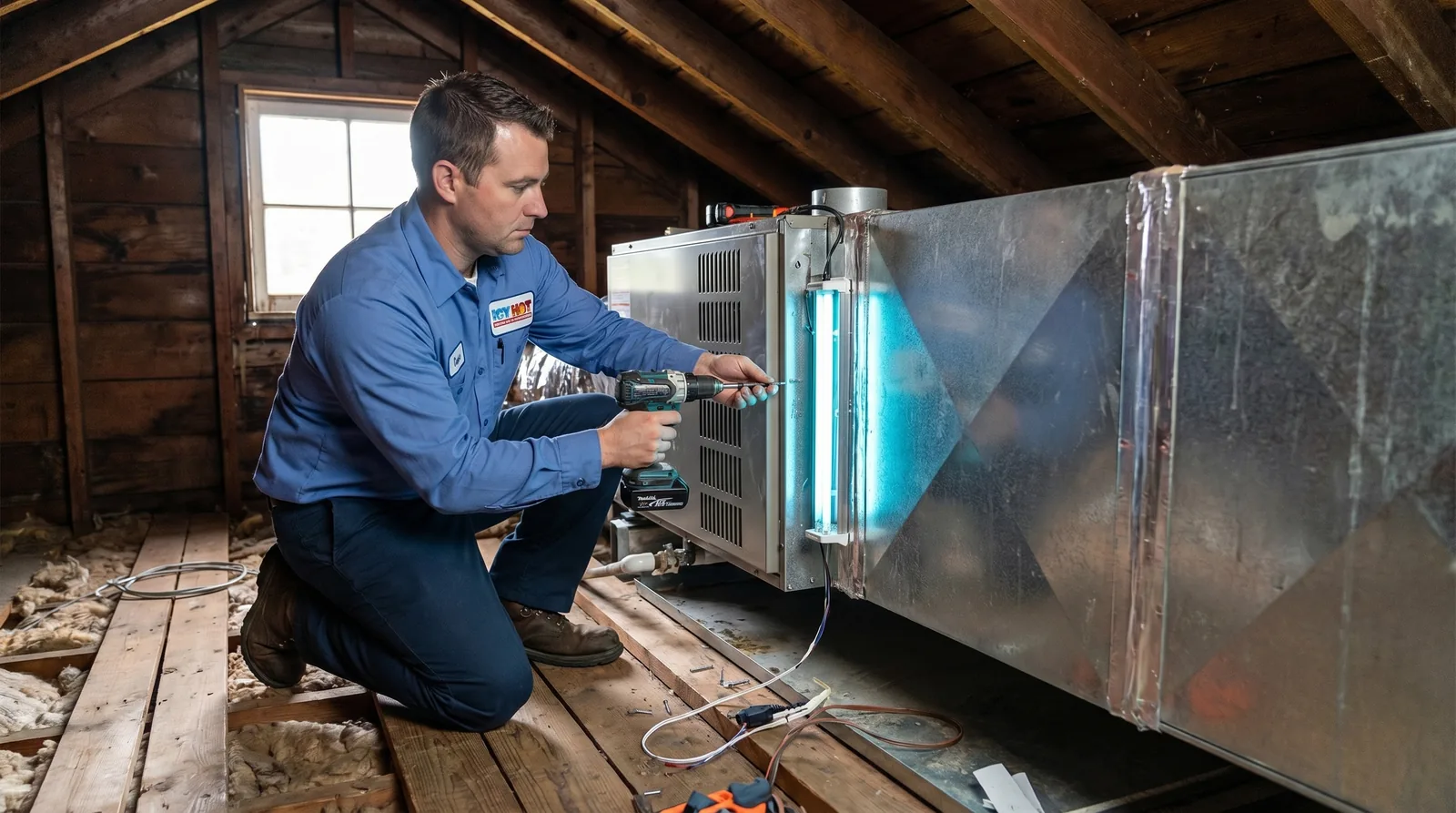 Icy Hot HVAC technician kneeling beside an air handler in a Raleigh, NC attic, mounting a glowing UV germicidal light fixture onto the metal ductwork to improve indoor air quality