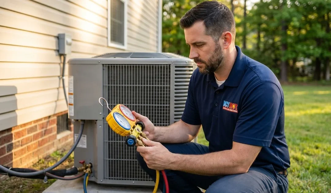 Icy Hot Heating and Air Conditioning HVAC technician using manifold gauges to check refrigerant pressure on an outdoor AC condenser unit during a tune-up at a Raleigh NC home