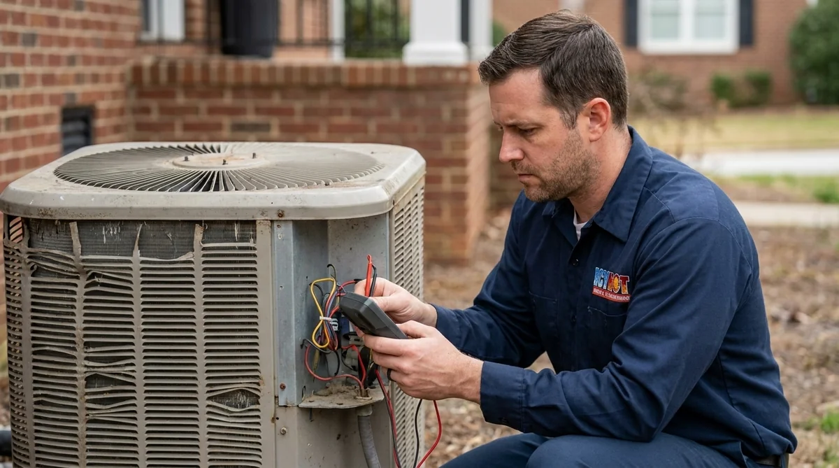 Icy Hot HVAC technician inspecting an aging outdoor AC condenser unit at a Raleigh NC home