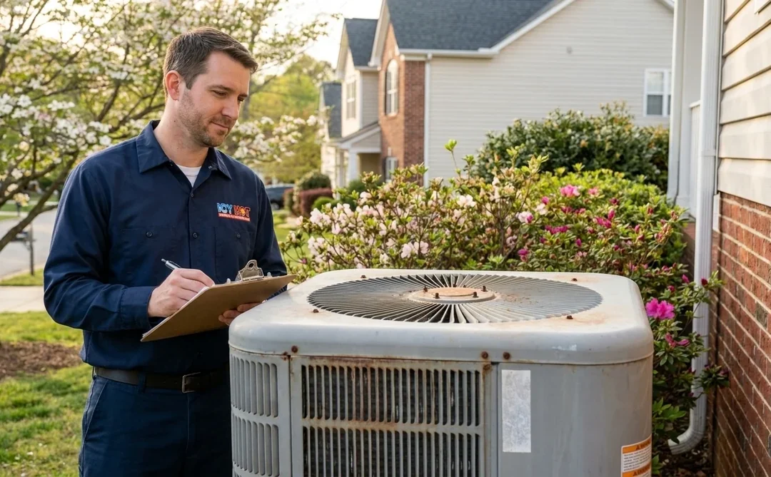 Icy Hot HVAC technician inspecting an aging outdoor AC condenser unit at a Raleigh NC home