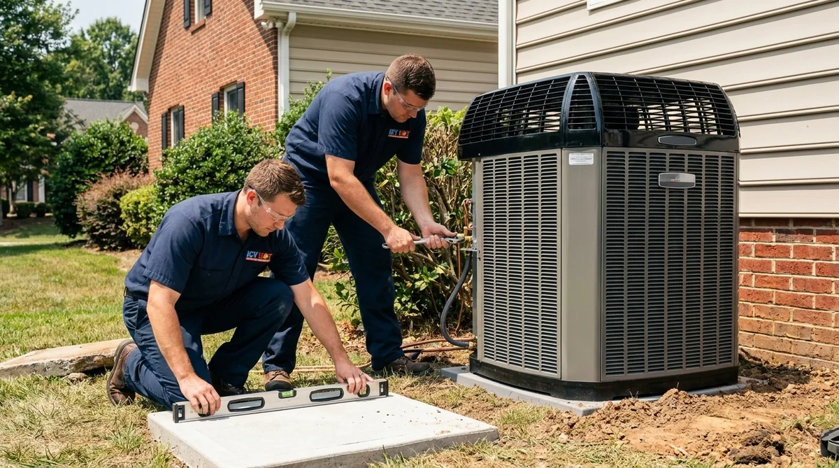 New outdoor AC condenser unit being installed at a Raleigh NC home by an Icy Hot HVAC technician