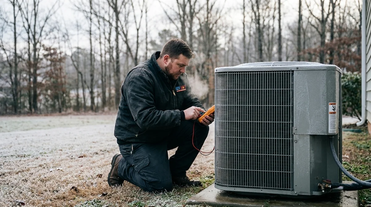 Icy Hot HVAC technician inspecting an outdoor heat pump unit at a Raleigh NC home on a cold morning