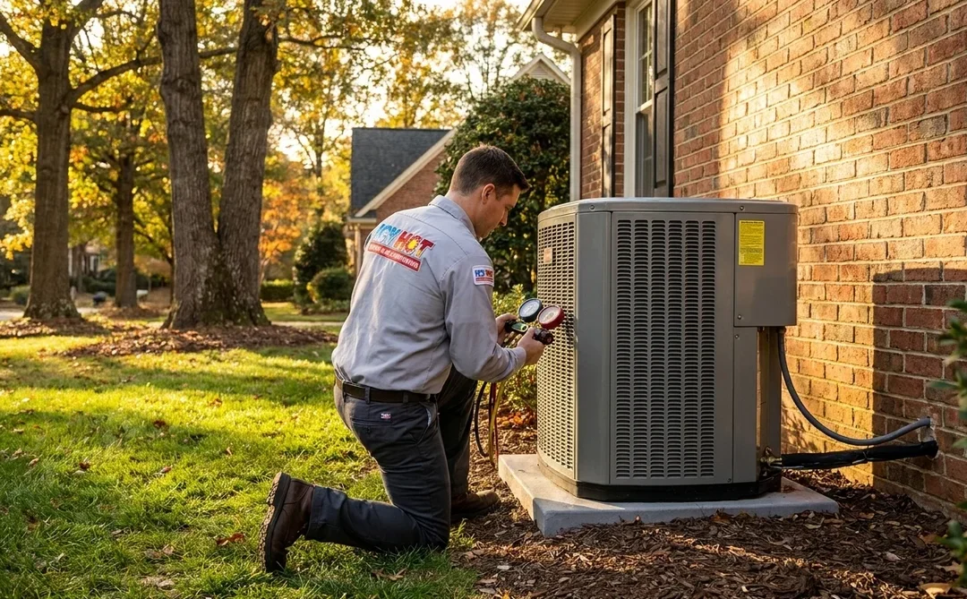 Outdoor residential heat pump unit beside a Raleigh NC home with an Icy Hot technician