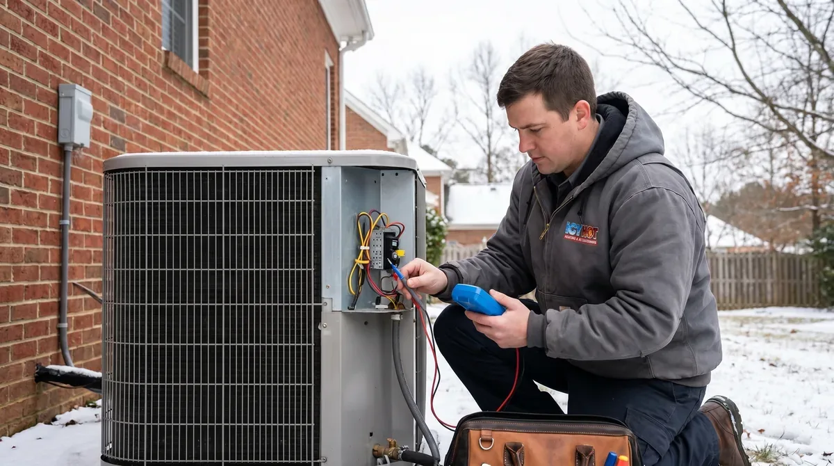 Icy Hot Heating and Air Conditioning technician diagnosing a residential heat pump in Raleigh, NC during winter