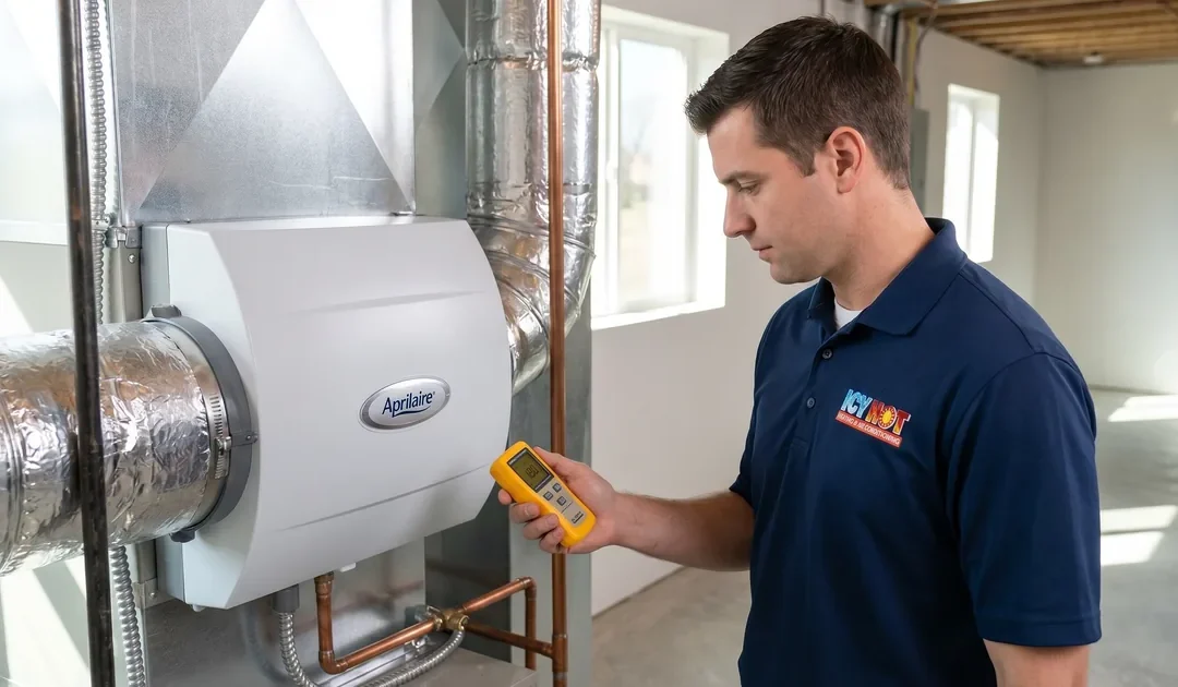 Icy Hot Heating and Air Conditioning technician inspecting a whole-house dehumidifier connected to the ductwork in a Raleigh NC home to control summer humidity