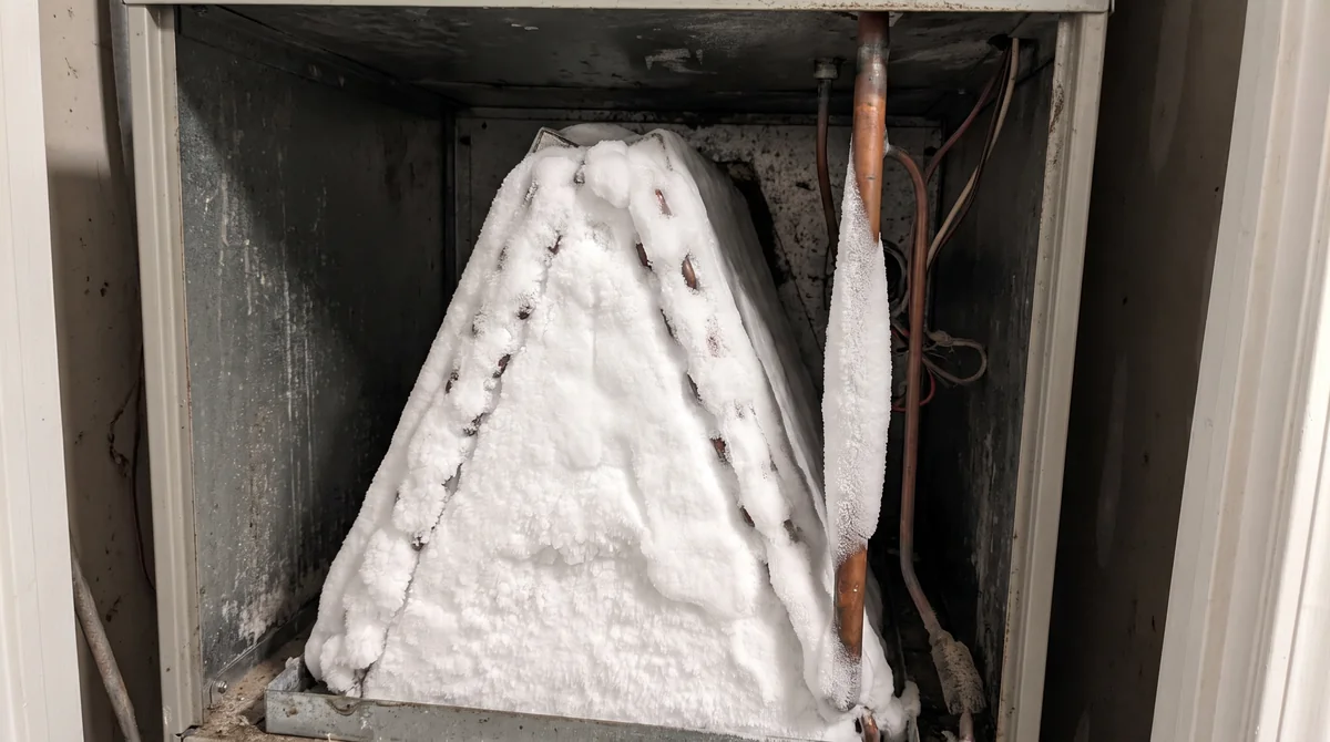 Iced-over evaporator coil and frosted refrigerant line inside a Raleigh NC air conditioner, inspected by an Icy Hot HVAC technician