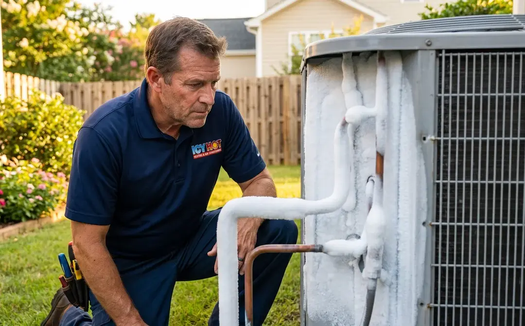 Icy Hot HVAC technician inspecting a frozen outdoor AC unit with iced refrigerant lines at a Raleigh NC home