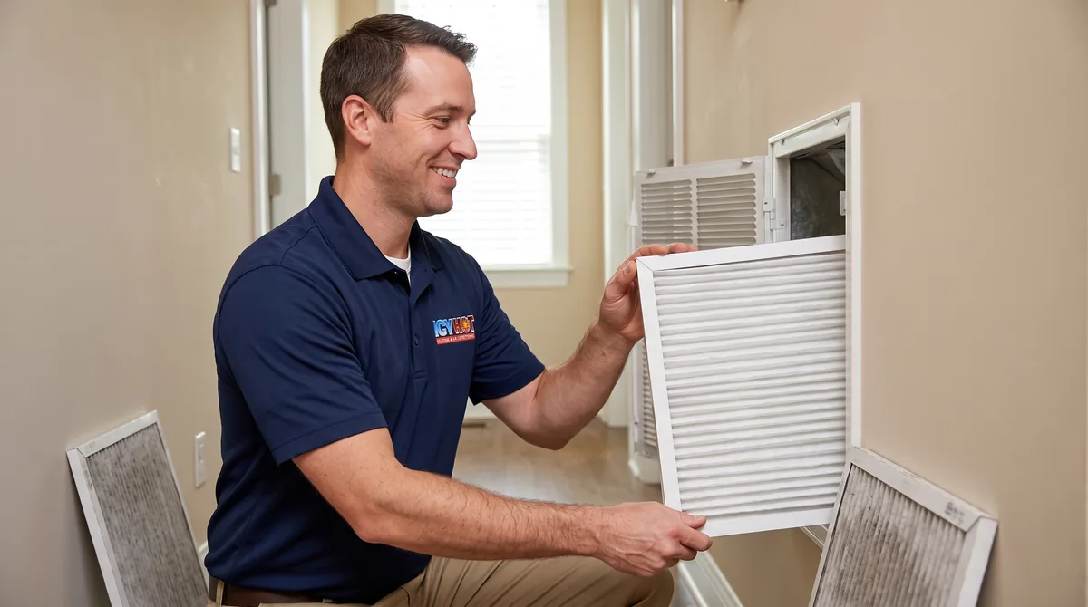 Icy Hot HVAC technician replacing a clogged pleated air filter in a Raleigh NC home to restore airflow and prevent a frozen coil
