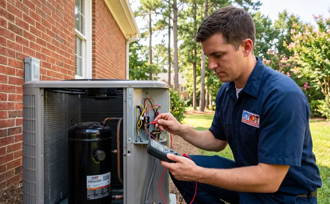 Icy Hot HVAC technician testing the electrical terminals of an outdoor AC condenser with a multimeter at a Raleigh NC home