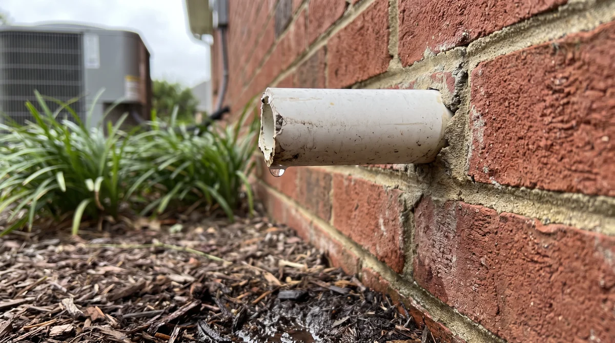 White PVC condensate drain line stub protruding from the brick foundation of a Raleigh NC home with a drop of water hanging from the open end