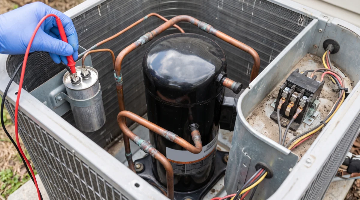 Inside an opened residential AC condenser showing the black scroll compressor, silver dual run capacitor, and contactor being tested with a multimeter probe