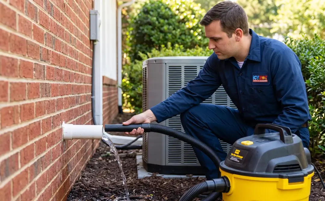 Icy Hot HVAC technician clearing a clogged AC condensate drain line with a wet/dry vacuum at a Raleigh NC home