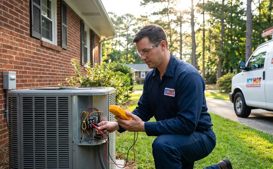 Icy Hot HVAC technician kneeling at a residential outdoor AC condenser in Raleigh, testing terminals with a yellow multimeter through the opened access panel