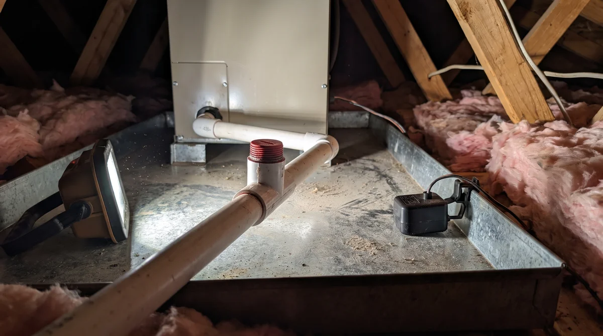 Residential attic air handler sitting in a galvanized secondary drain pan with a white PVC condensate line, capped access tee, and a black float switch clipped into the pan
