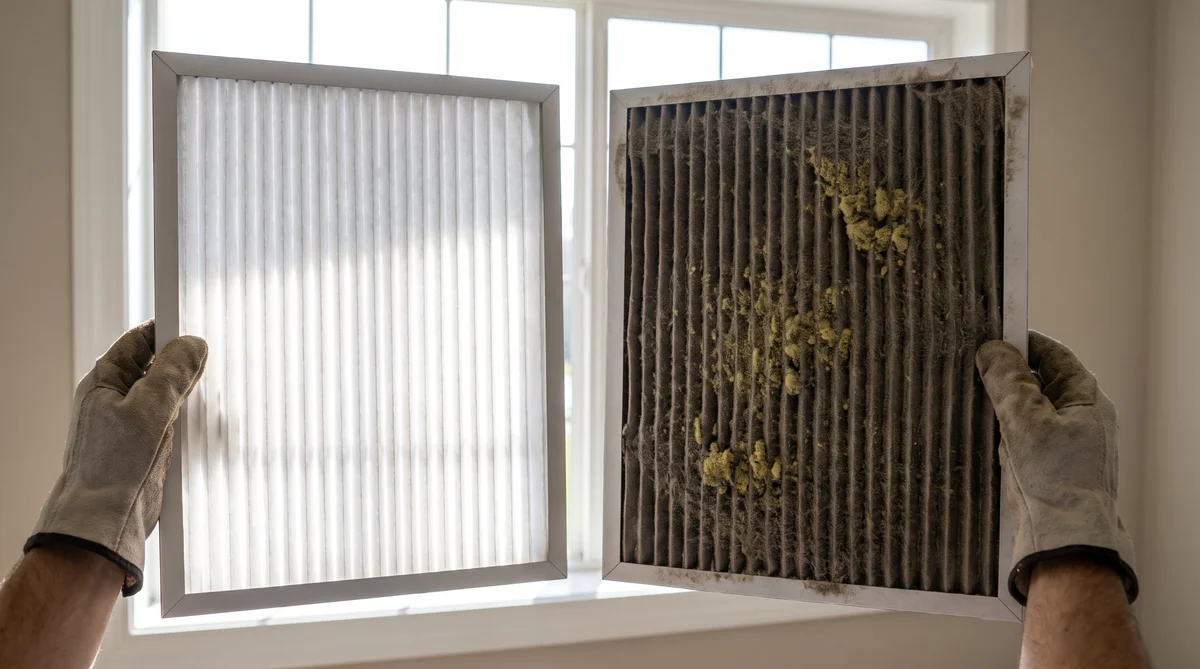 A clean white pleated HVAC air filter held next to one matted grey with dust and pine pollen, showing light passing through the clean filter and none through the clogged one