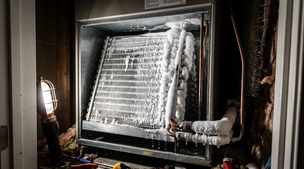 Evaporator coil inside an opened residential air handler sheathed in thick white frost, with the insulated copper refrigerant line set also coated in ice