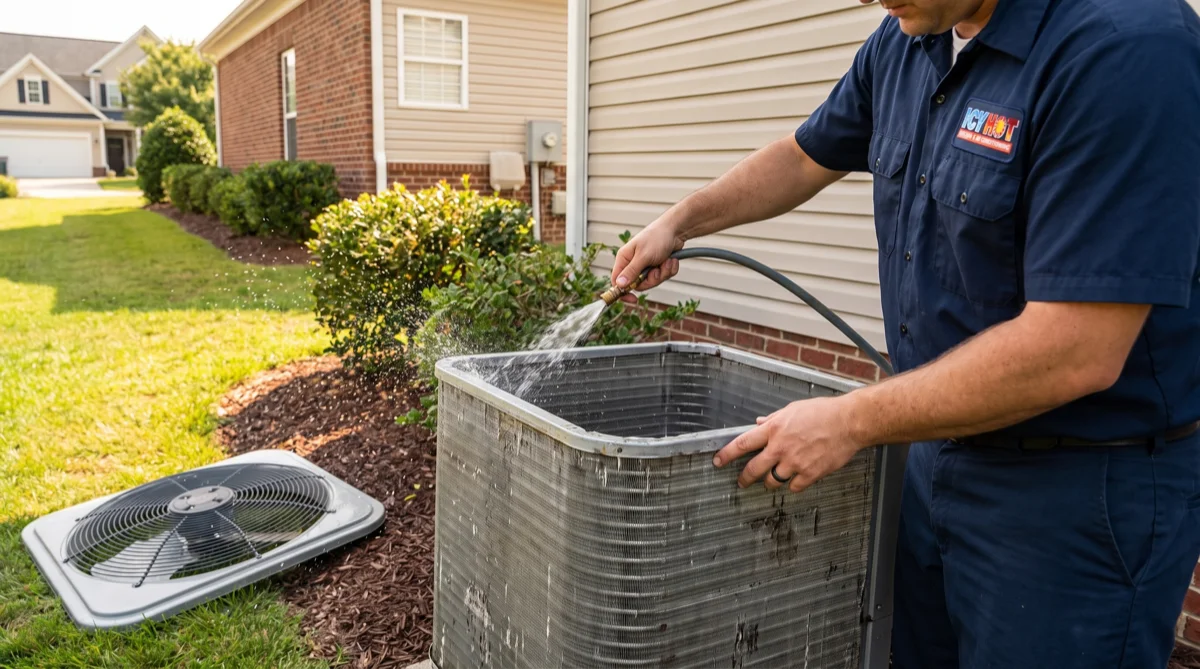 Icy Hot HVAC technician rinsing the condenser coil fins on an outdoor air conditioner at a Raleigh NC home during a summer tune-up