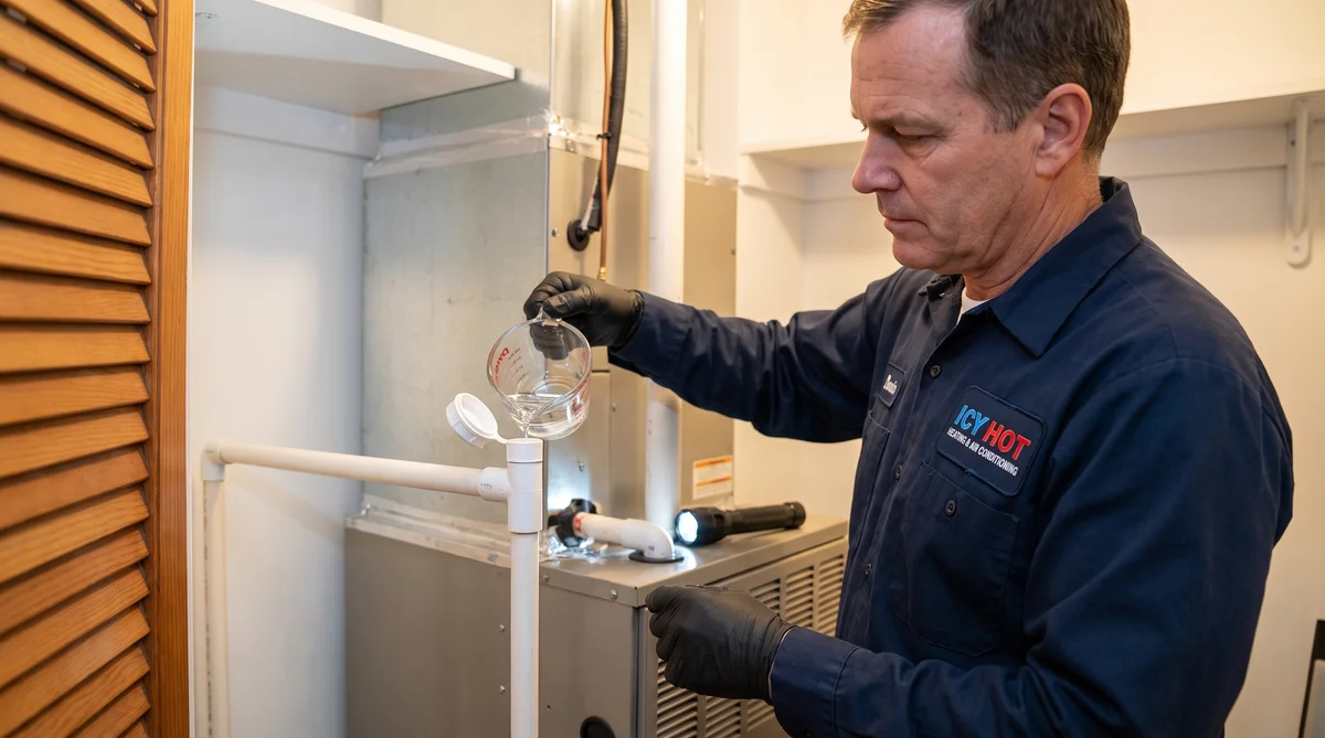 HVAC technician in navy uniform pouring distilled vinegar into the capped access tee on the white PVC condensate drain line above an indoor air handler in a utility closet