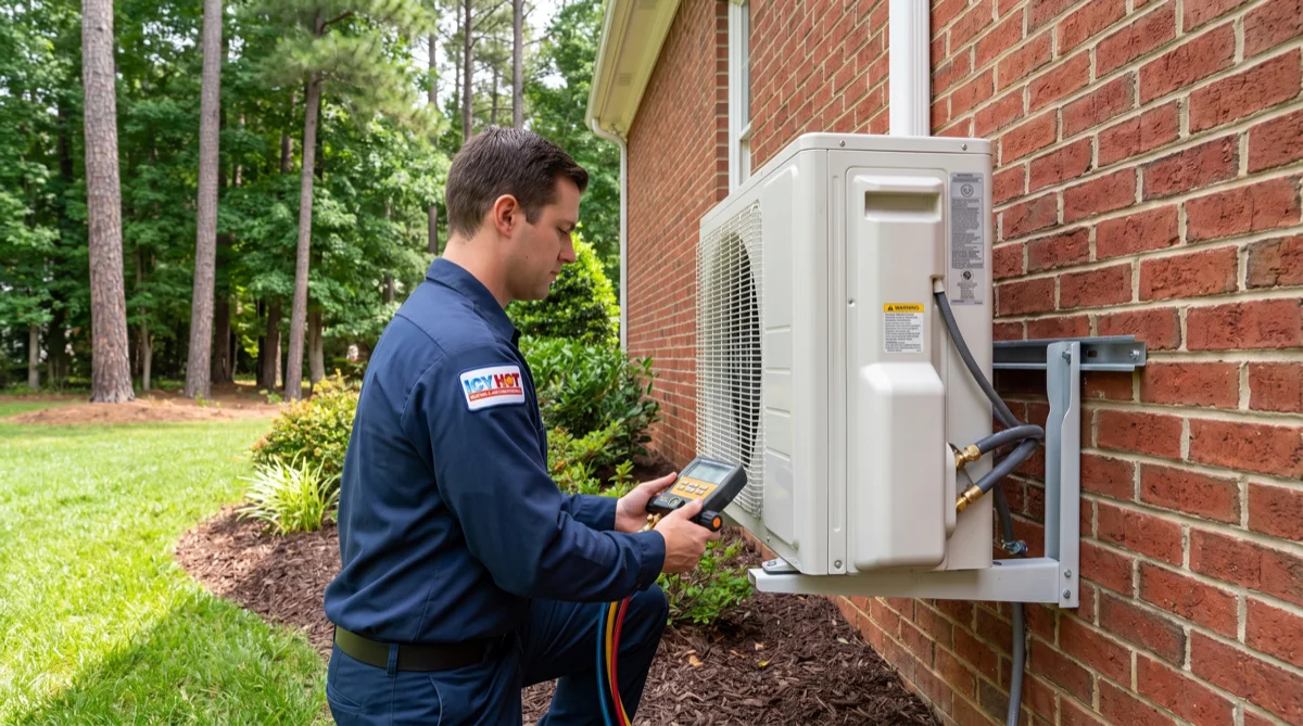 Icy Hot HVAC technician checking refrigerant line connections on a wall-mounted ductless mini-split condenser at a Raleigh NC brick home