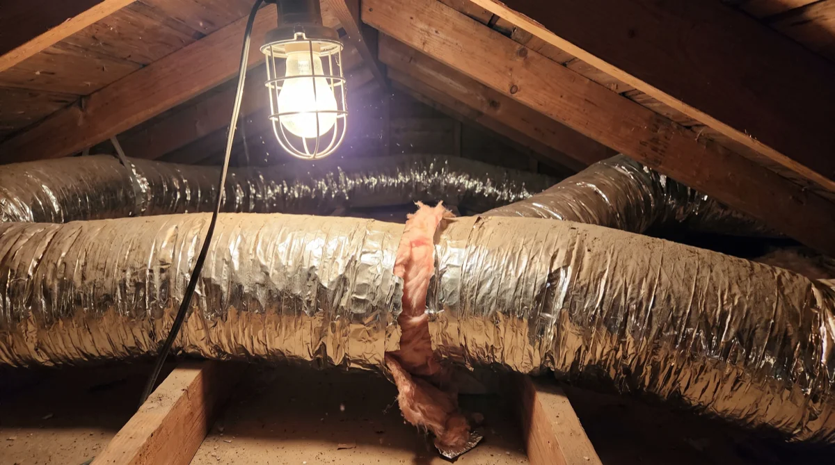 Flexible insulated HVAC ductwork in a North Carolina attic with a separated joint and loose foil tape causing air leakage