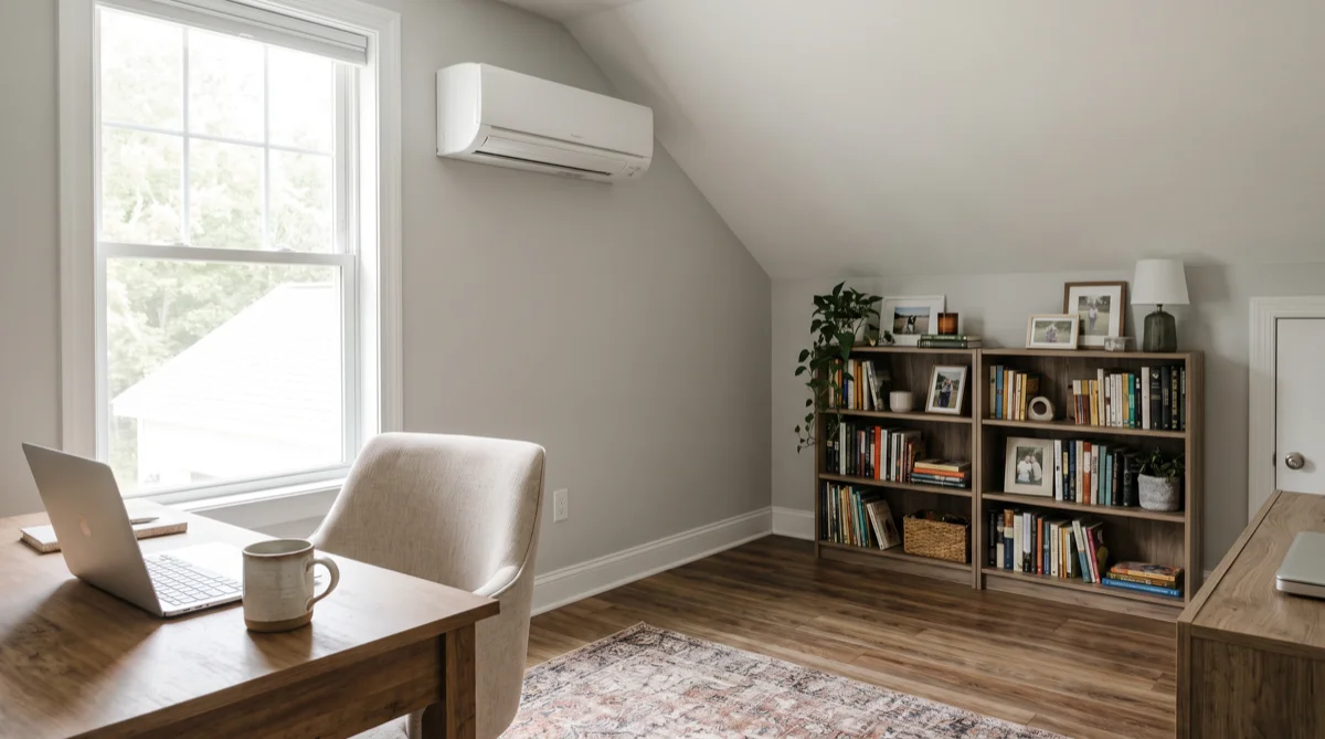 Ductless mini-split head unit mounted on the wall of a finished bonus room home office above a garage in a Raleigh NC home