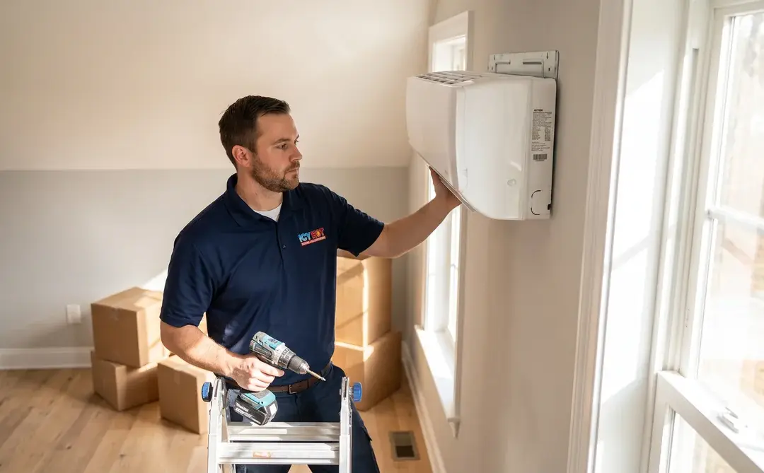 Icy Hot HVAC technician mounting a white wall-mounted ductless mini-split indoor head unit in a bright bonus room in a Raleigh NC home
