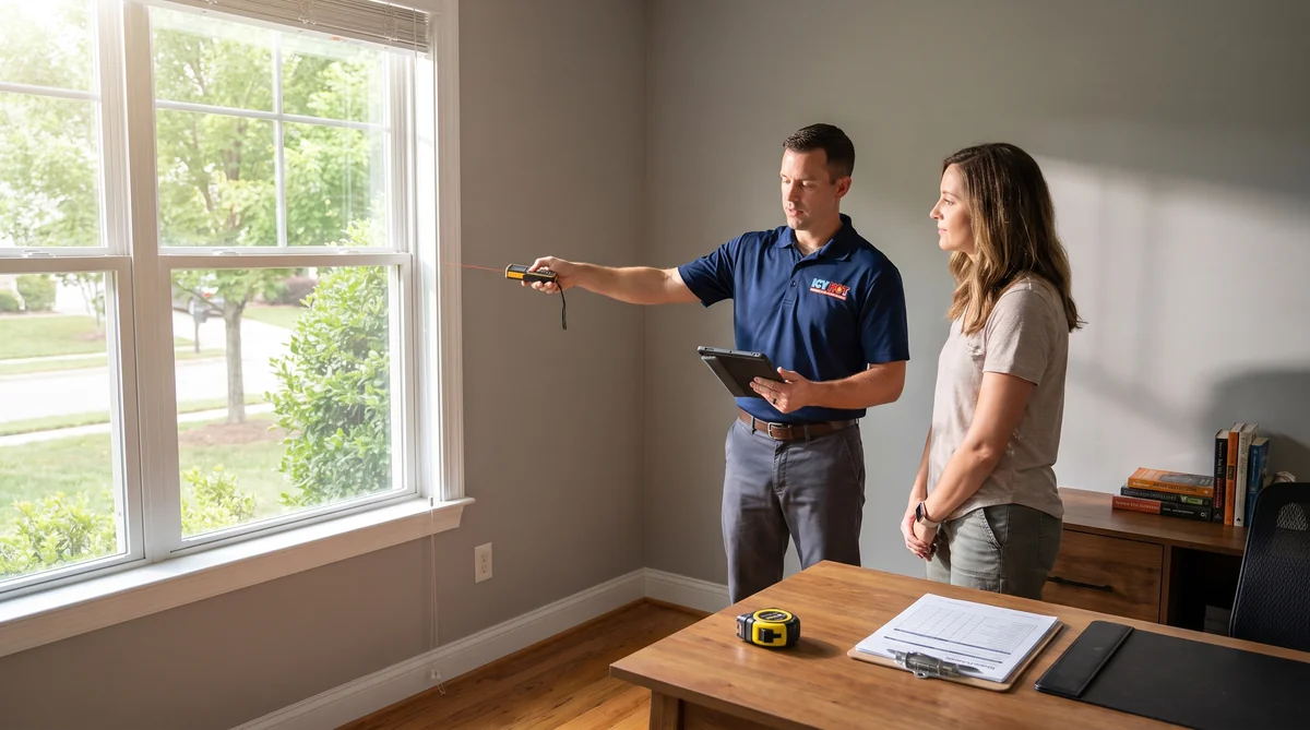 Icy Hot technician using a laser measure and tablet to run a room-by-room heating and cooling load calculation with a homeowner in a Raleigh NC home office