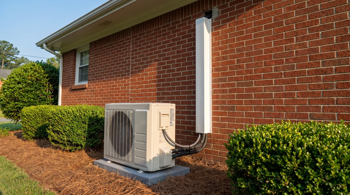 Ductless mini-split outdoor condenser on a composite pad beside a red brick Raleigh NC home with a white line-set cover running up the wall