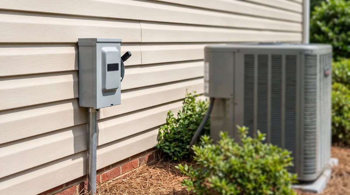 Grey weatherproof electrical disconnect box mounted on the exterior wall of a Raleigh home a few feet from the outdoor air conditioning condenser unit
