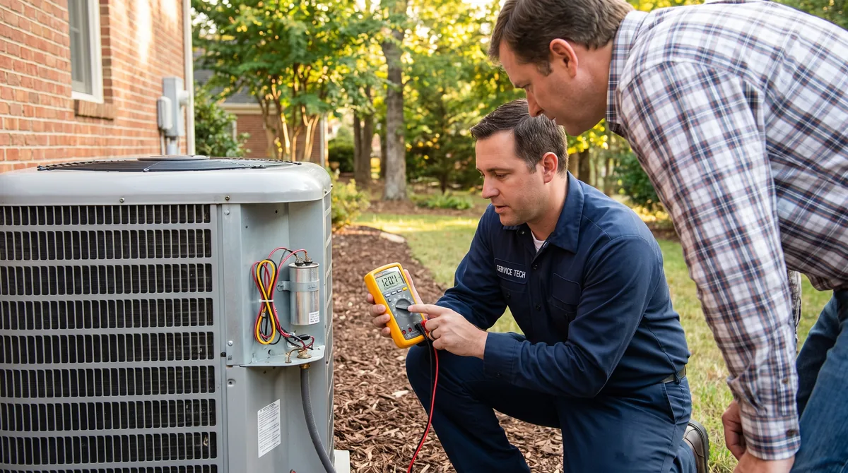 Icy Hot HVAC technician showing a homeowner the multimeter reading taken from the capacitor inside an open outdoor AC condenser at a Raleigh NC home