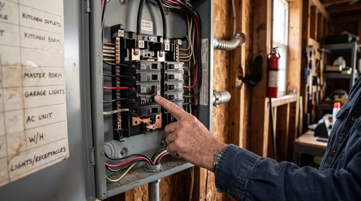 Homeowner's finger resting on a tripped air conditioner circuit breaker sitting out of line with its neighbors in an open residential electrical panel labeled AC Unit