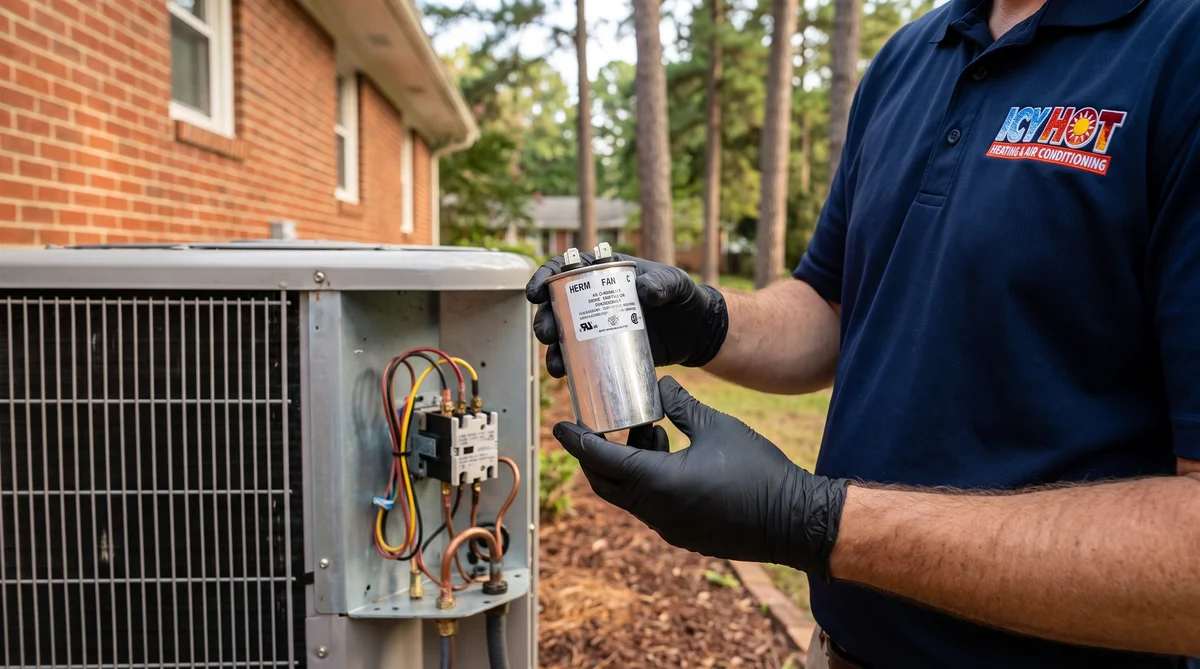 Icy Hot HVAC technician in a navy company polo holding a silver dual-run AC capacitor with HERM, FAN and C terminals in front of an opened outdoor condenser unit showing the contactor and wiring, at a brick home in Raleigh NC