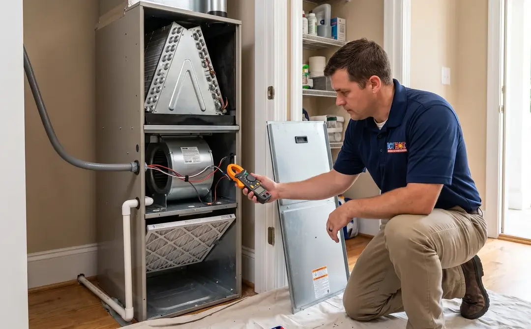 Icy Hot HVAC technician in a navy company polo kneeling beside an open indoor air handler in a Raleigh NC home closet, showing the A-shaped evaporator coil, squirrel-cage blower wheel, pleated filter and white PVC condensate drain with no gas line or flue pipe
