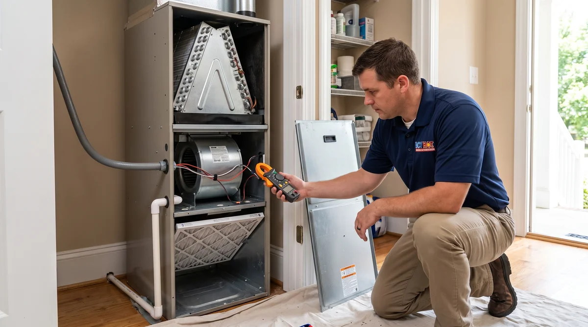 Icy Hot HVAC technician in a navy company polo kneeling beside an open indoor air handler in a Raleigh NC home closet, showing the A-shaped evaporator coil, squirrel-cage blower wheel, pleated filter and white PVC condensate drain with no gas line or flue pipe