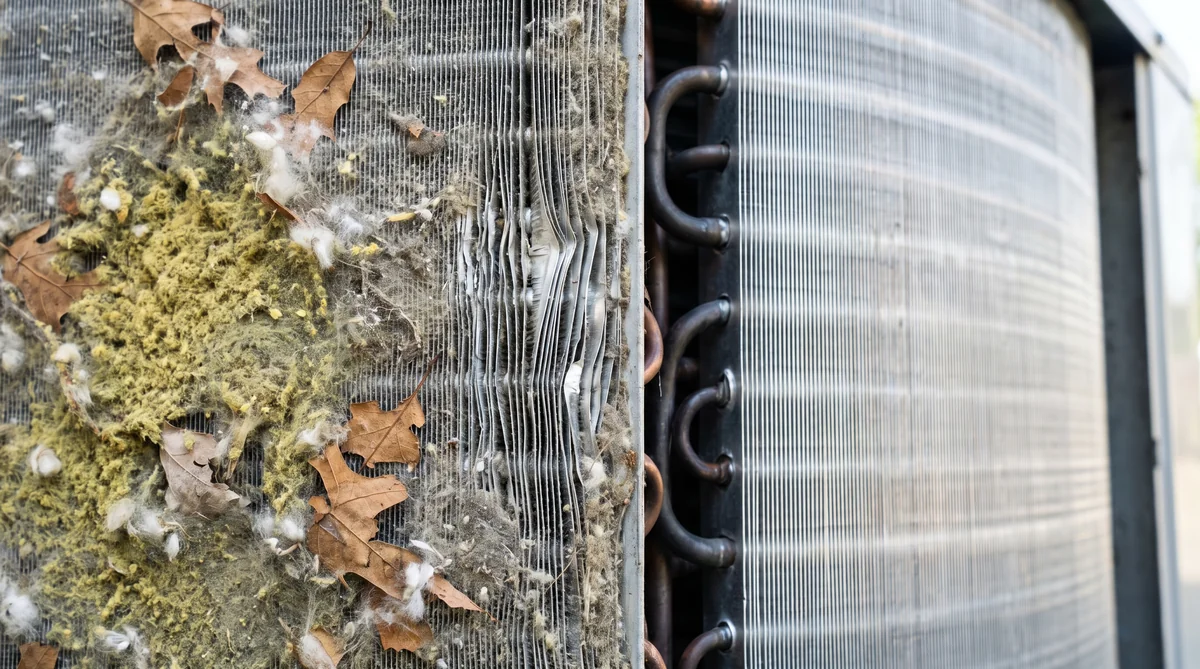Macro close-up of a residential AC condenser coil, the left side matted with yellow pine pollen, cottonwood fluff and dried oak leaves between bent aluminum fins, the right side cleaned with straight fins and copper tubing visible