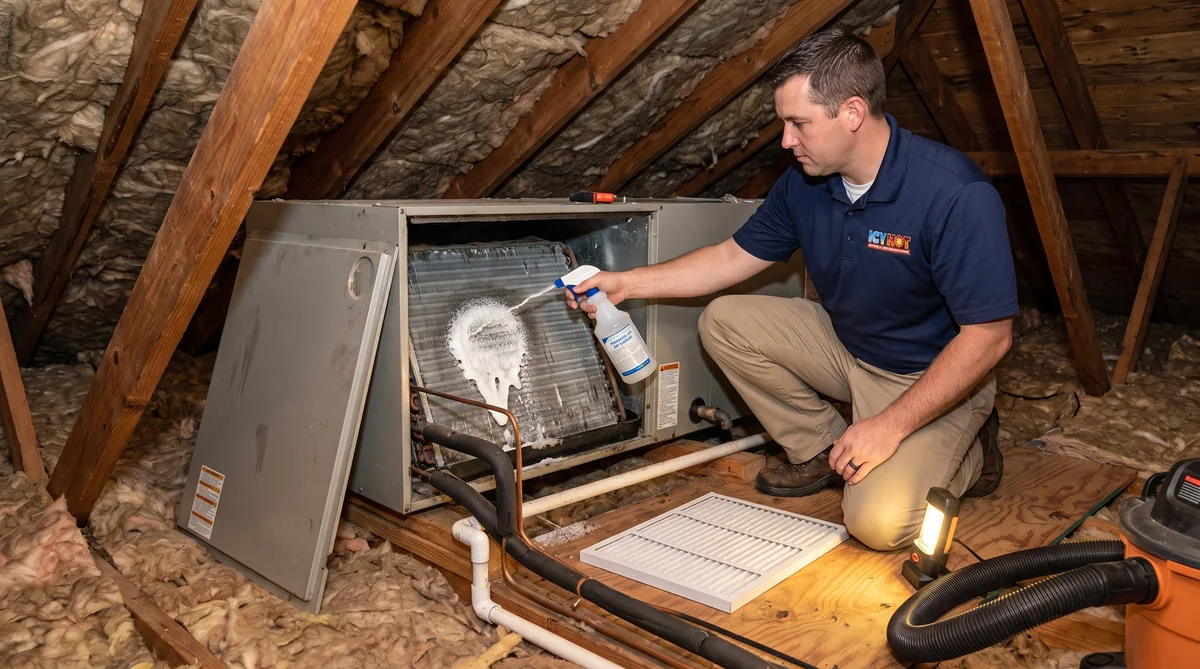 HVAC technician in an Icy Hot polo spraying foaming no-rinse coil cleaner onto the A-shaped evaporator coil inside an opened attic air handler in a Raleigh NC home, with a clean pleated filter and shop vacuum hose on the decking nearby