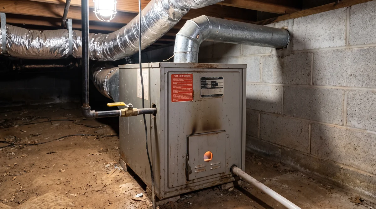 Residential upflow natural gas furnace in the crawlspace of a Raleigh NC brick ranch home, showing the black iron gas supply pipe with yellow shutoff handle, round galvanized metal flue vent pipe, glowing burner sight window, pilot light warning label and white PVC condensate line